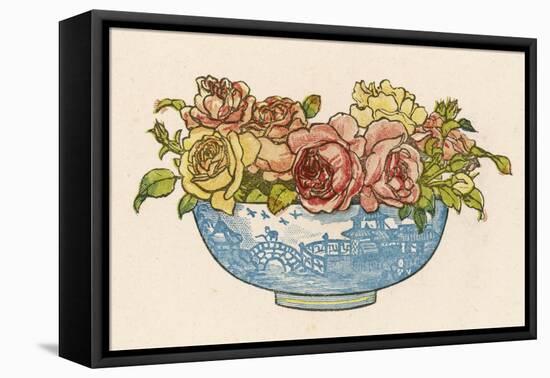 A Pretty Blue Willow Pattern Bowl Full of Pink and Yellow Roses-null-Framed Stretched Canvas