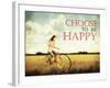 A Pretty Girl Riding through a Field Full of Yellow Flowers with the Text: Choose to Be Happy-graphicphoto-Framed Premium Photographic Print
