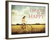 A Pretty Girl Riding through a Field Full of Yellow Flowers with the Text: Choose to Be Happy-graphicphoto-Framed Premium Photographic Print