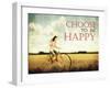 A Pretty Girl Riding through a Field Full of Yellow Flowers with the Text: Choose to Be Happy-graphicphoto-Framed Photographic Print