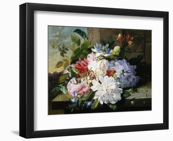 A Pretty Still Life of Roses, Rhododendron, and Passionflowers-John Wainwright-Framed Giclee Print