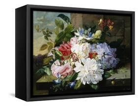 A Pretty Still Life of Roses, Rhododendron, and Passionflowers-John Wainwright-Framed Stretched Canvas