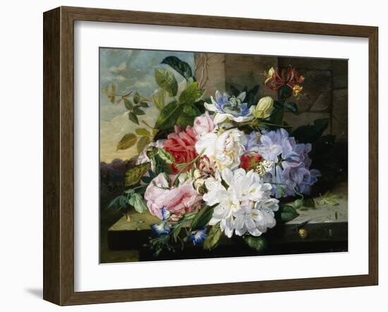 A Pretty Still Life of Roses, Rhododendron, and Passionflowers-John Wainwright-Framed Giclee Print