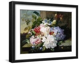 A Pretty Still Life of Roses, Rhododendron, and Passionflowers-John Wainwright-Framed Giclee Print