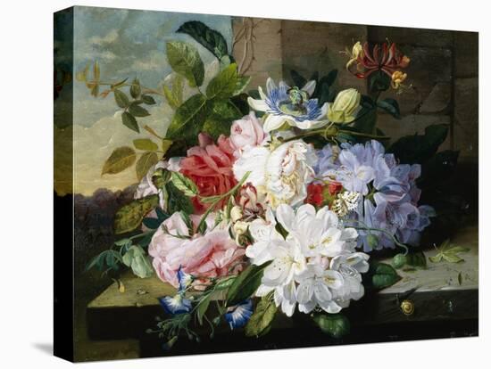 A Pretty Still Life of Roses, Rhododendron, and Passionflowers-John Wainwright-Stretched Canvas