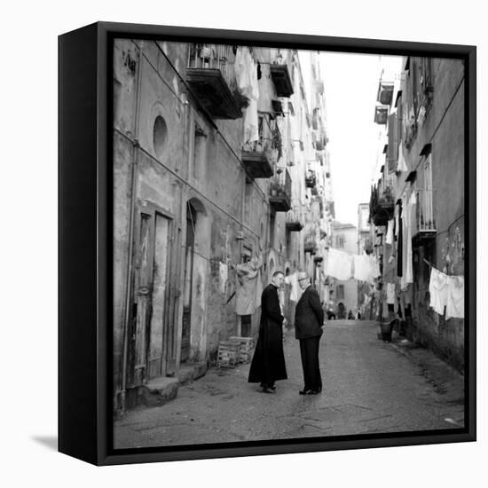 A Priest Chats to an Elderly Man in a Street, Naples, Italy 1957-null-Framed Stretched Canvas