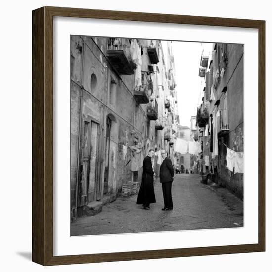 A Priest Chats to an Elderly Man in a Street, Naples, Italy 1957-null-Framed Photographic Print