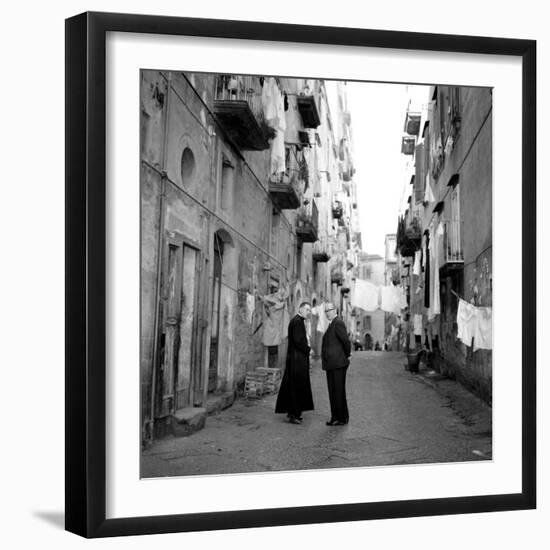 A Priest Chats to an Elderly Man in a Street, Naples, Italy 1957-null-Framed Photographic Print