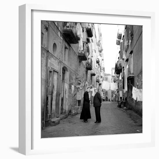 A Priest Chats to an Elderly Man in a Street, Naples, Italy 1957-null-Framed Photographic Print