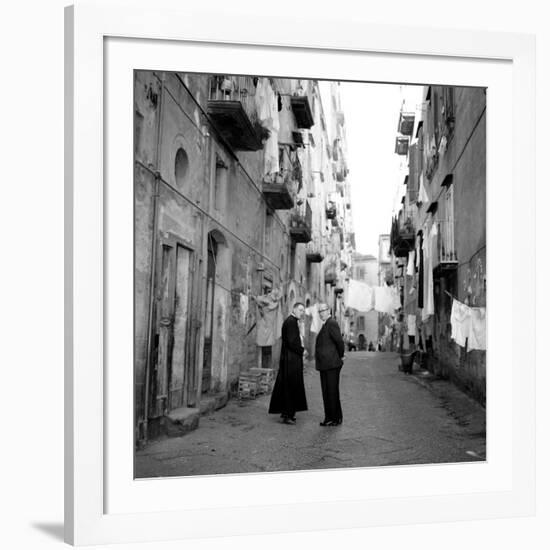 A Priest Chats to an Elderly Man in a Street, Naples, Italy 1957-null-Framed Photographic Print