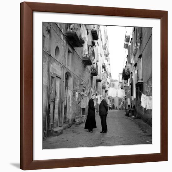 A Priest Chats to an Elderly Man in a Street, Naples, Italy 1957-null-Framed Photographic Print