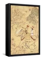 A Prince Hunting, Mounted on an Elephant, C.1600-1650 (Drawing with W/C and Gold Paint)-null-Framed Stretched Canvas