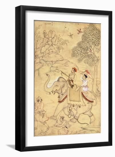 A Prince Hunting, Mounted on an Elephant, C.1600-1650 (Drawing with W/C and Gold Paint)-null-Framed Premium Giclee Print