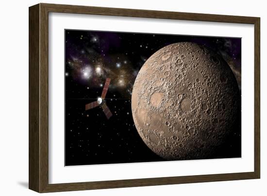 A Probe Investigating a Heavily Cratered Moon in Deep Space-null-Framed Art Print