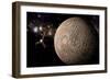 A Probe Investigating a Heavily Cratered Moon in Deep Space-null-Framed Art Print