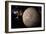 A Probe Investigating a Heavily Cratered Moon in Deep Space-null-Framed Art Print