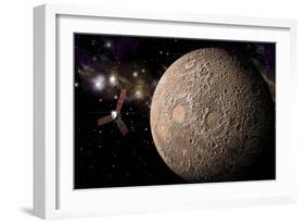 A Probe Investigating a Heavily Cratered Moon in Deep Space-null-Framed Art Print