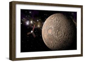 A Probe Investigating a Heavily Cratered Moon in Deep Space-null-Framed Premium Giclee Print