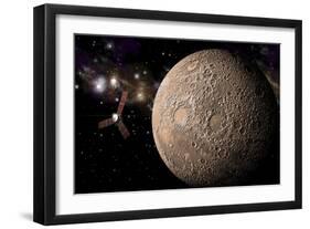 A Probe Investigating a Heavily Cratered Moon in Deep Space-null-Framed Premium Giclee Print