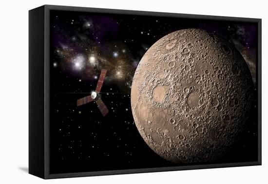 A Probe Investigating a Heavily Cratered Moon in Deep Space-null-Framed Stretched Canvas