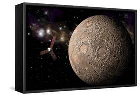 A Probe Investigating a Heavily Cratered Moon in Deep Space-null-Framed Stretched Canvas