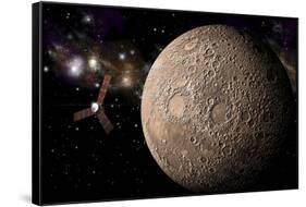 A Probe Investigating a Heavily Cratered Moon in Deep Space-null-Framed Stretched Canvas