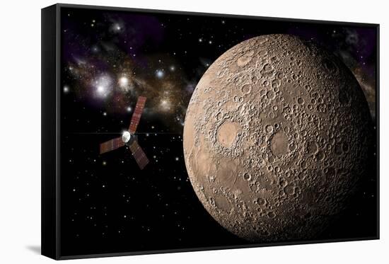 A Probe Investigating a Heavily Cratered Moon in Deep Space-null-Framed Stretched Canvas