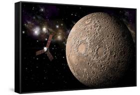 A Probe Investigating a Heavily Cratered Moon in Deep Space-null-Framed Stretched Canvas