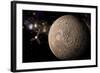 A Probe Investigating a Heavily Cratered Moon in Deep Space-null-Framed Art Print