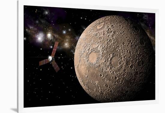 A Probe Investigating a Heavily Cratered Moon in Deep Space-null-Framed Art Print