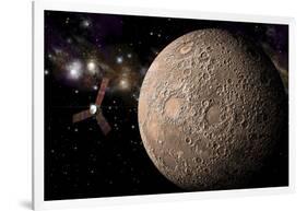 A Probe Investigating a Heavily Cratered Moon in Deep Space-null-Framed Art Print