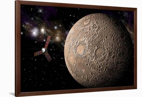 A Probe Investigating a Heavily Cratered Moon in Deep Space-null-Framed Art Print