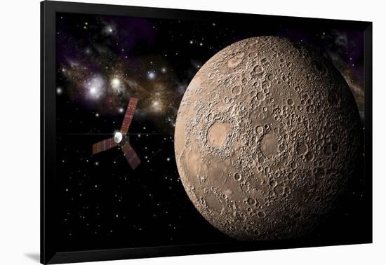 A Probe Investigating a Heavily Cratered Moon in Deep Space-null-Framed Art Print