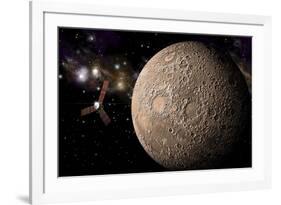 A Probe Investigating a Heavily Cratered Moon in Deep Space-null-Framed Art Print