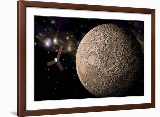 A Probe Investigating a Heavily Cratered Moon in Deep Space-null-Framed Art Print