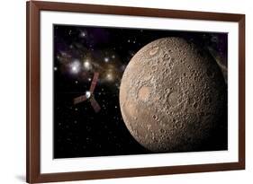 A Probe Investigating a Heavily Cratered Moon in Deep Space-null-Framed Art Print