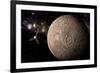 A Probe Investigating a Heavily Cratered Moon in Deep Space-null-Framed Art Print