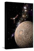 A Probe Investigating a Heavily Cratered Moon in Deep Space-null-Stretched Canvas