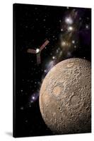 A Probe Investigating a Heavily Cratered Moon in Deep Space-null-Stretched Canvas