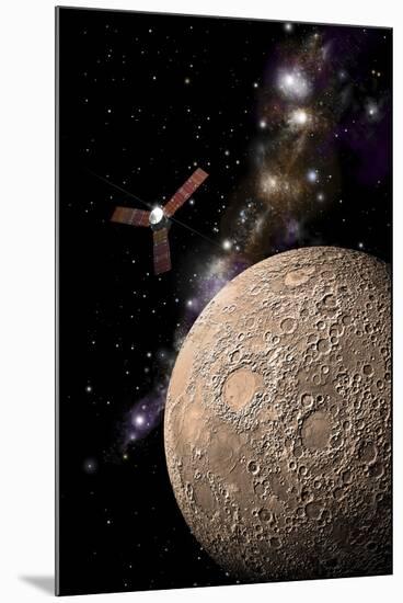 A Probe Investigating a Heavily Cratered Moon in Deep Space-null-Mounted Art Print