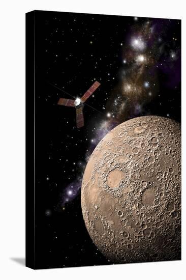 A Probe Investigating a Heavily Cratered Moon in Deep Space-null-Stretched Canvas