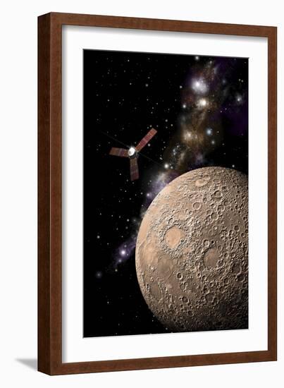 A Probe Investigating a Heavily Cratered Moon in Deep Space-null-Framed Art Print