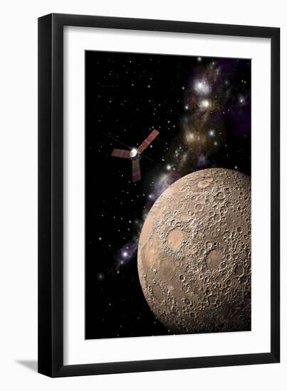 A Probe Investigating a Heavily Cratered Moon in Deep Space-null-Framed Art Print