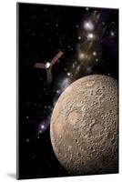 A Probe Investigating a Heavily Cratered Moon in Deep Space-null-Mounted Art Print