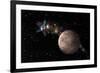 A Probe Investigating a Heavily Cratered Moon in Deep Space-null-Framed Art Print