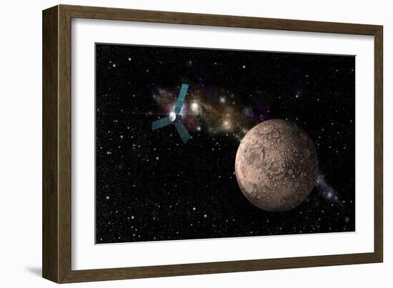 A Probe Investigating a Heavily Cratered Moon in Deep Space-null-Framed Art Print