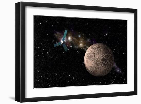 A Probe Investigating a Heavily Cratered Moon in Deep Space-null-Framed Art Print