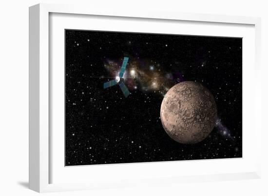 A Probe Investigating a Heavily Cratered Moon in Deep Space-null-Framed Art Print