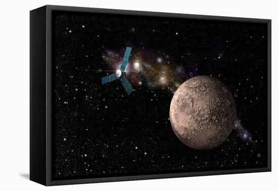 A Probe Investigating a Heavily Cratered Moon in Deep Space-null-Framed Stretched Canvas