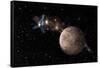 A Probe Investigating a Heavily Cratered Moon in Deep Space-null-Framed Stretched Canvas